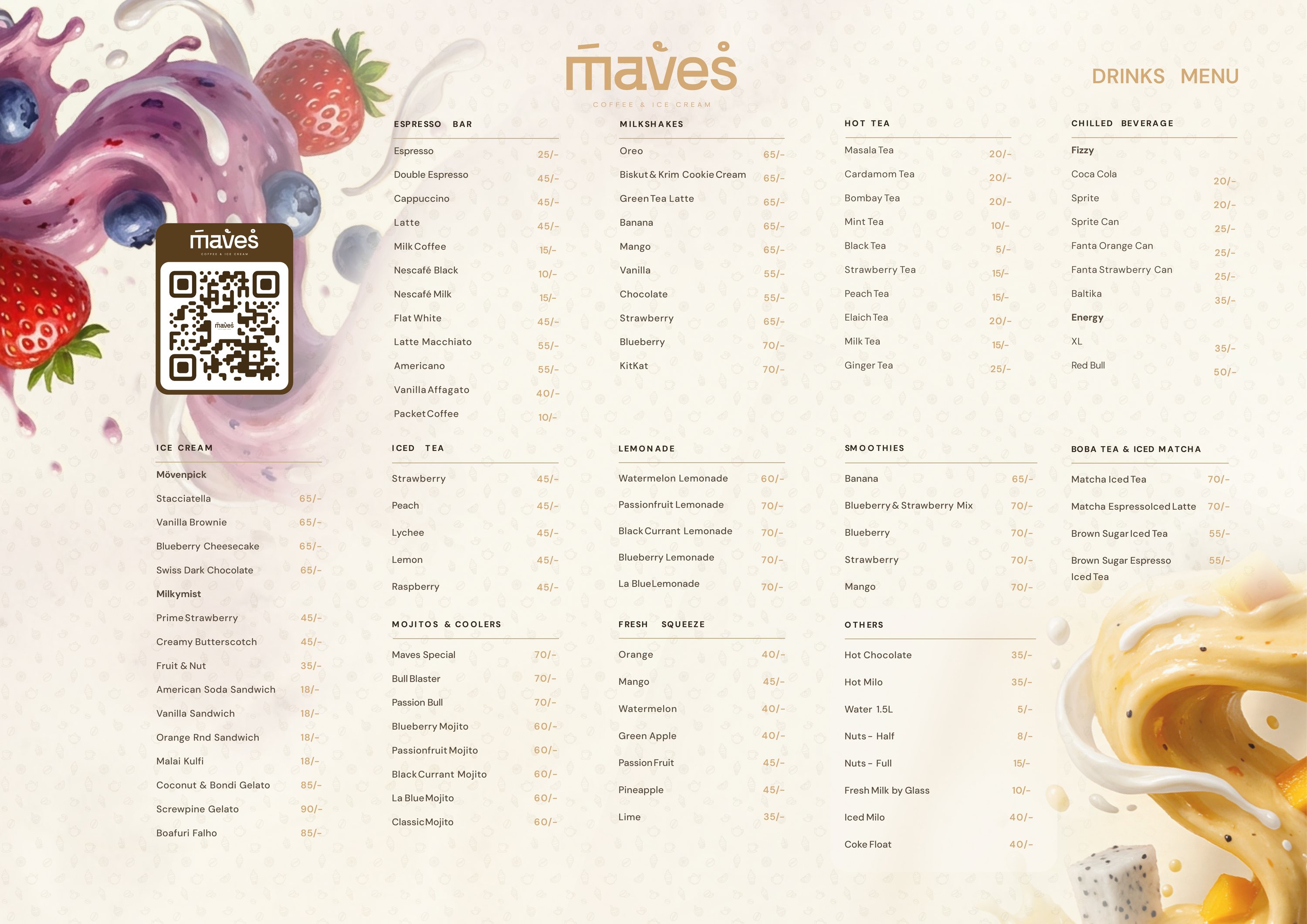 The full Maves Coffee & Ice Cream drinks menu